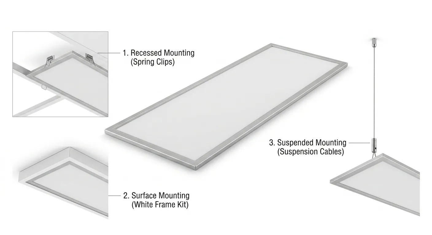 LED panel ELP30120 montáž — pružiny pro podhled, rám pro přisazení, lankový závěs